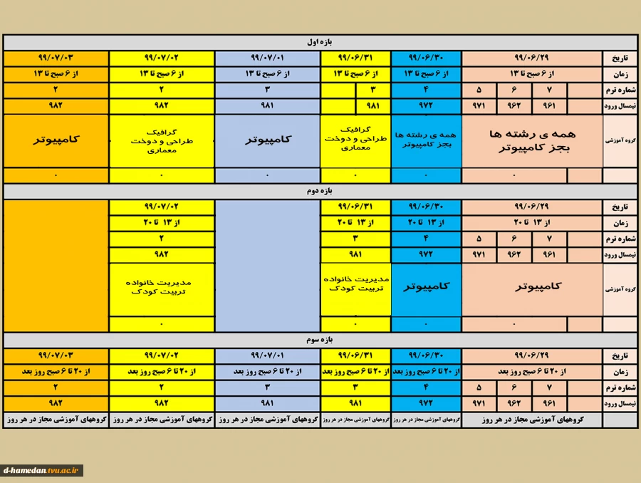 زمانبندی حذف و اضافه به تفکیک رشته و وورودی- از تاریخ 29 شهریور99 لغایت 3مهر99 2