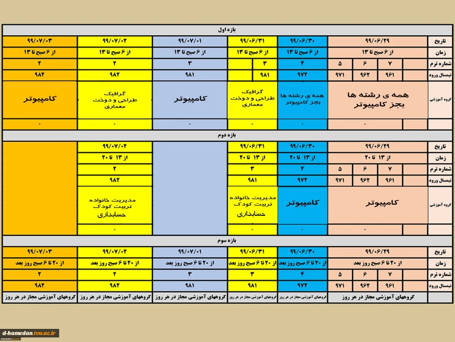 زمانبندی حذف و اضافه به تفکیک رشته و ورودی- از تاریخ 29 شهریور99 لغایت 3مهر99 2