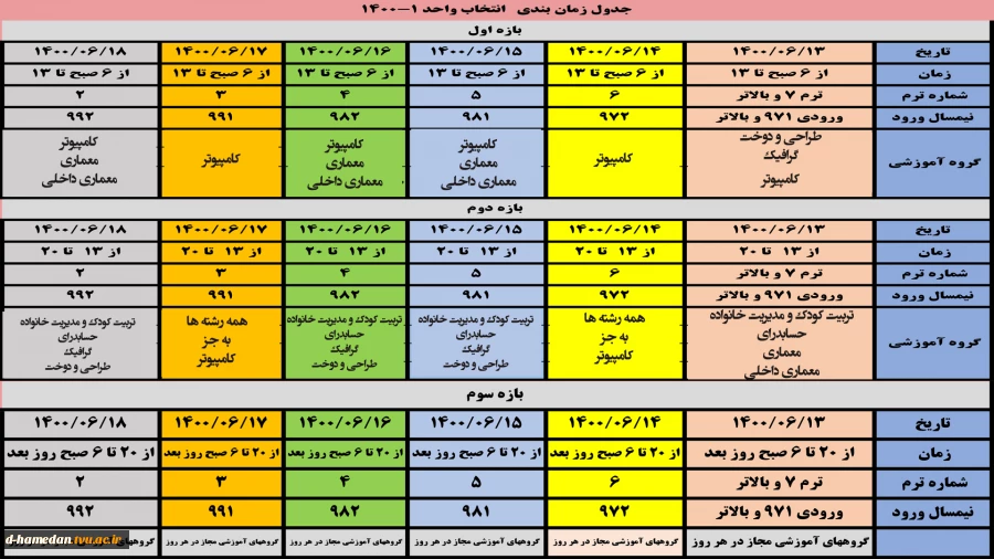 زمانبندی انتخاب واحد نیمسال اول سال تحصیلی 1401-1400 2