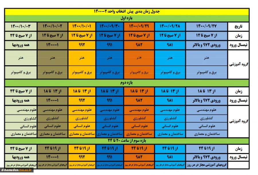 جدول زمانبندی پیش انتخاب واحد 2