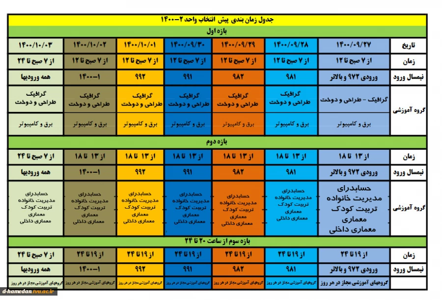 جدول زمانبندی پیش انتخاب واحد 3