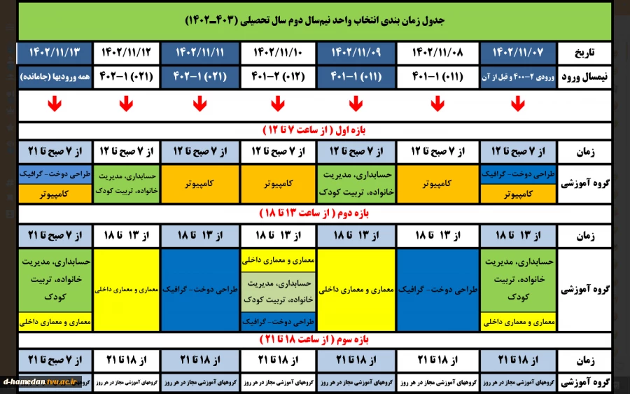 جدول زمان‌بندی انتخاب واحد نیمسال دوم (۱۴۰۳-۱۴۰۲) 2